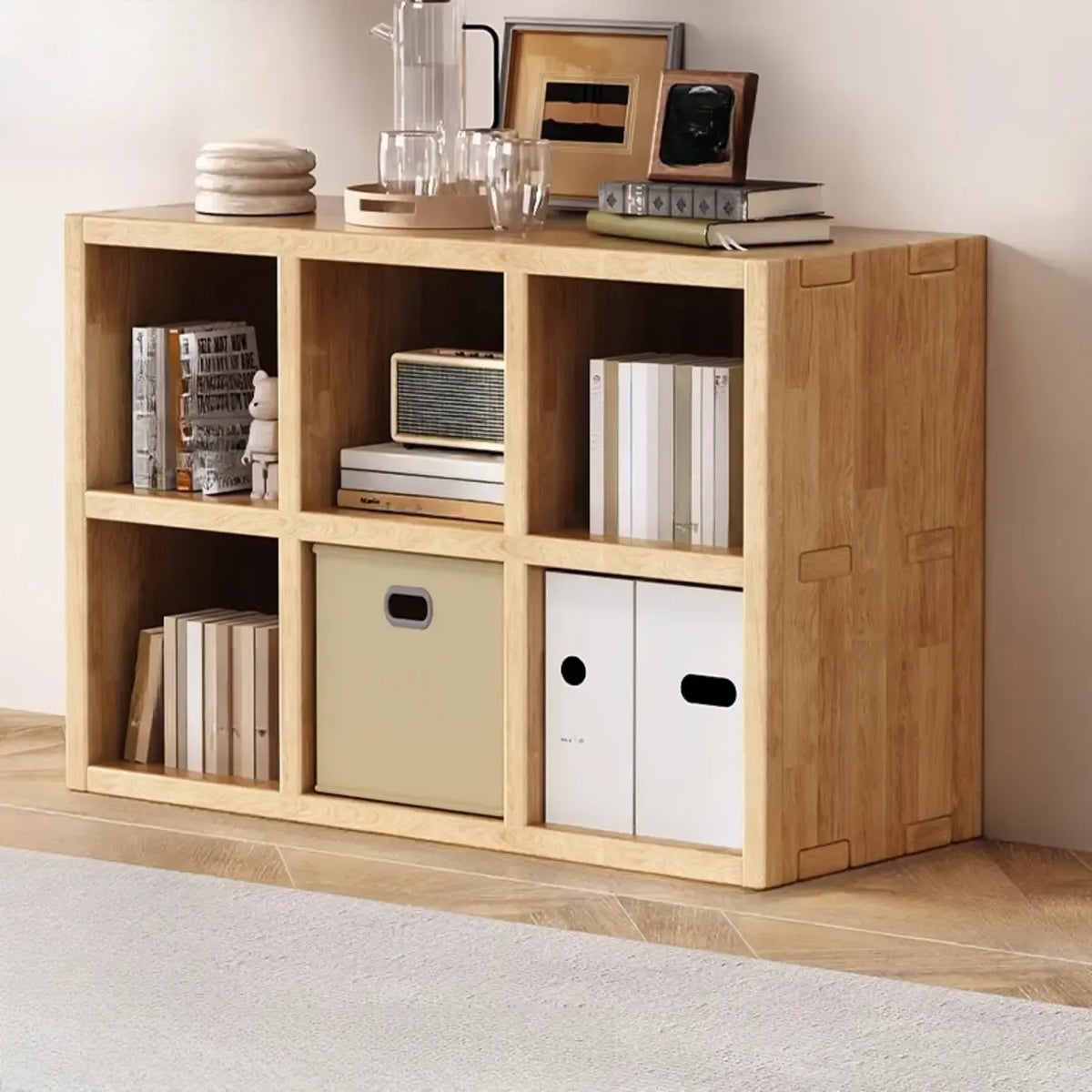 Libreria moderna orizzontale in legno a 8 cubi, finitura naturale