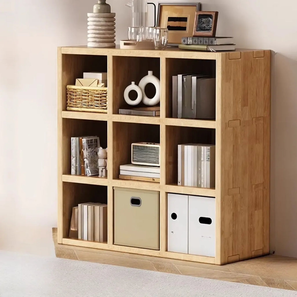 Libreria moderna orizzontale in legno a 8 cubi, finitura naturale