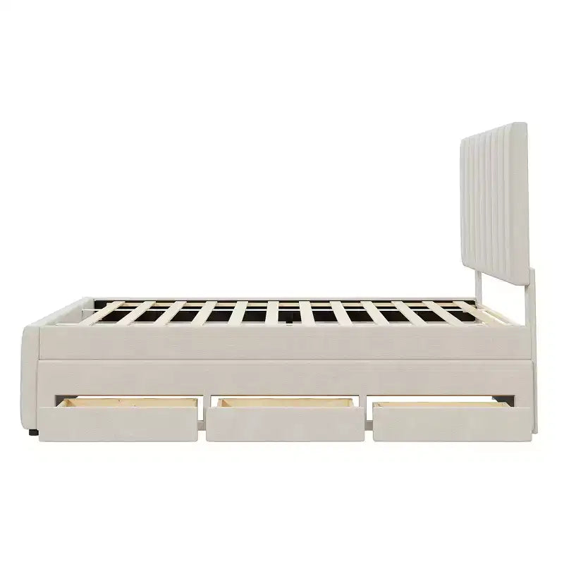 Lit plateforme rembourré pleine grandeur avec lit gigogne double et 3 tiroirs, tissu de lin, beige