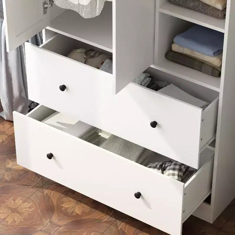 Armoire 2 portes avec miroir, tringle à vêtements et 2 tiroirs