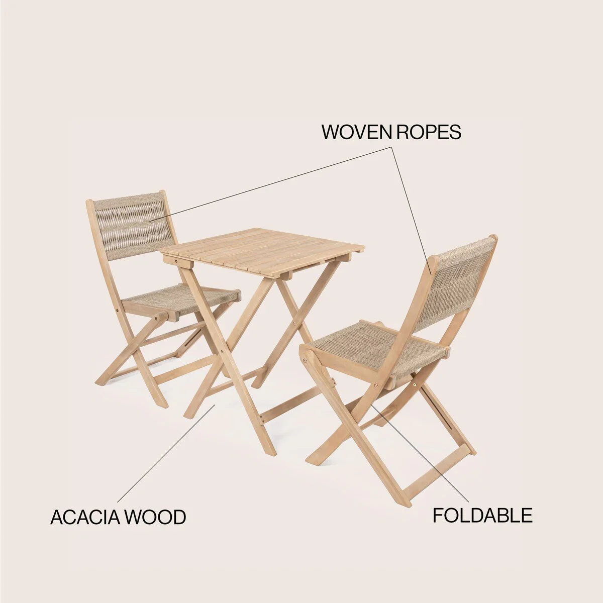 Ensemble bistrot pliant d'extérieur 3 pièces Cadiz Modern Coastal en bois d'acacia, par JONATHAN Y