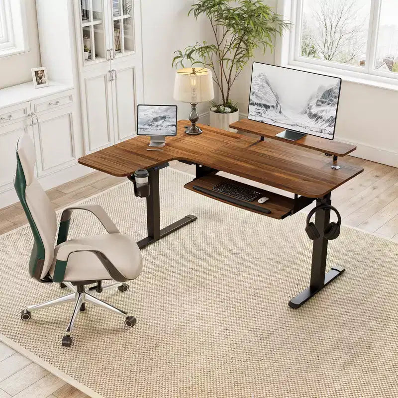 Bureau assis-debout en forme de L EUREKA ERGONOMIC 60x23 avec accessoires