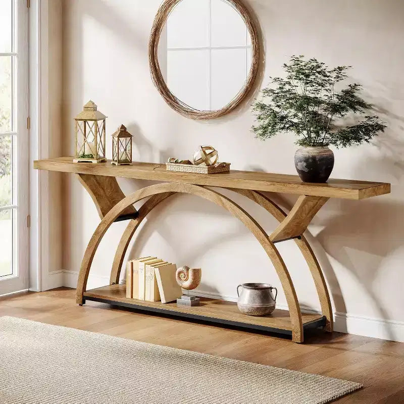 70.87 Table console industrielle avec étagères de rangement à 2 niveaux, marron clair