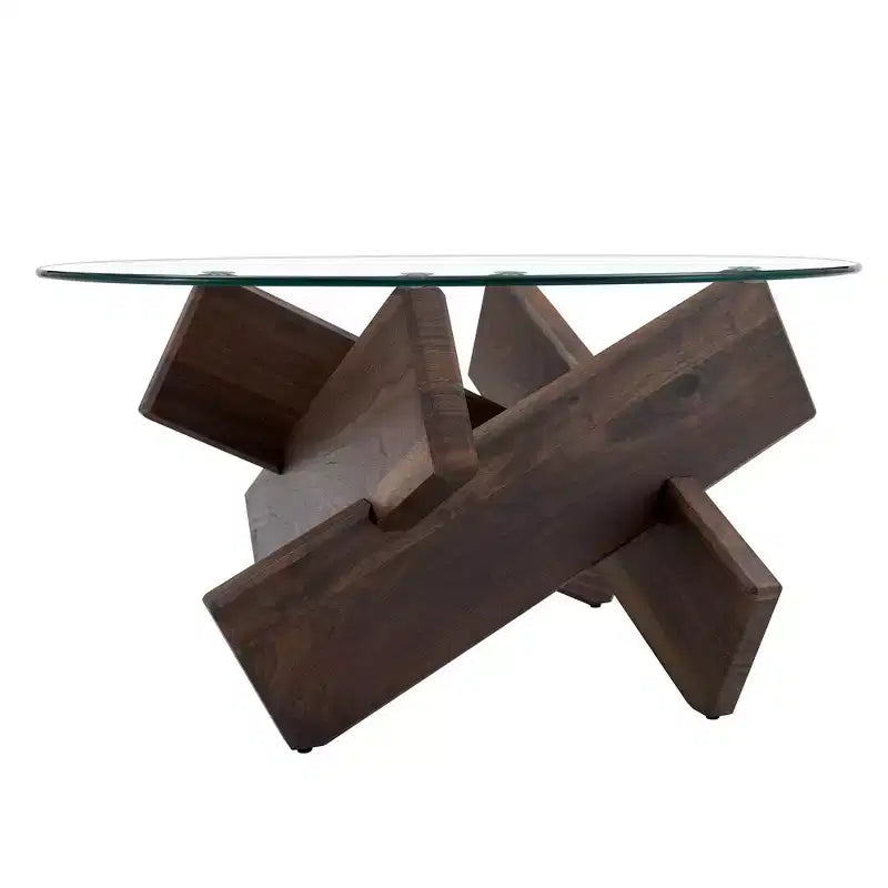 Tavolino da Caffè Rotondo Moderno in Vetro Okak, Tavolino da Tè Piccolo dal Design Distintivo con Gambe in Legno per Soggiorno, Reception, Ufficio, Casali