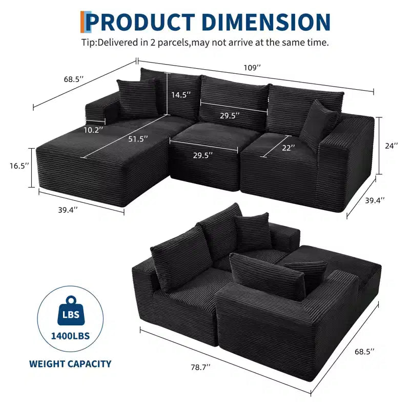 108 Divano Moderno, Divano a L a 3 Posti Imbottito con Cuscini, Divano con Seduta Profonda, Nessun Montaggio Richiesto