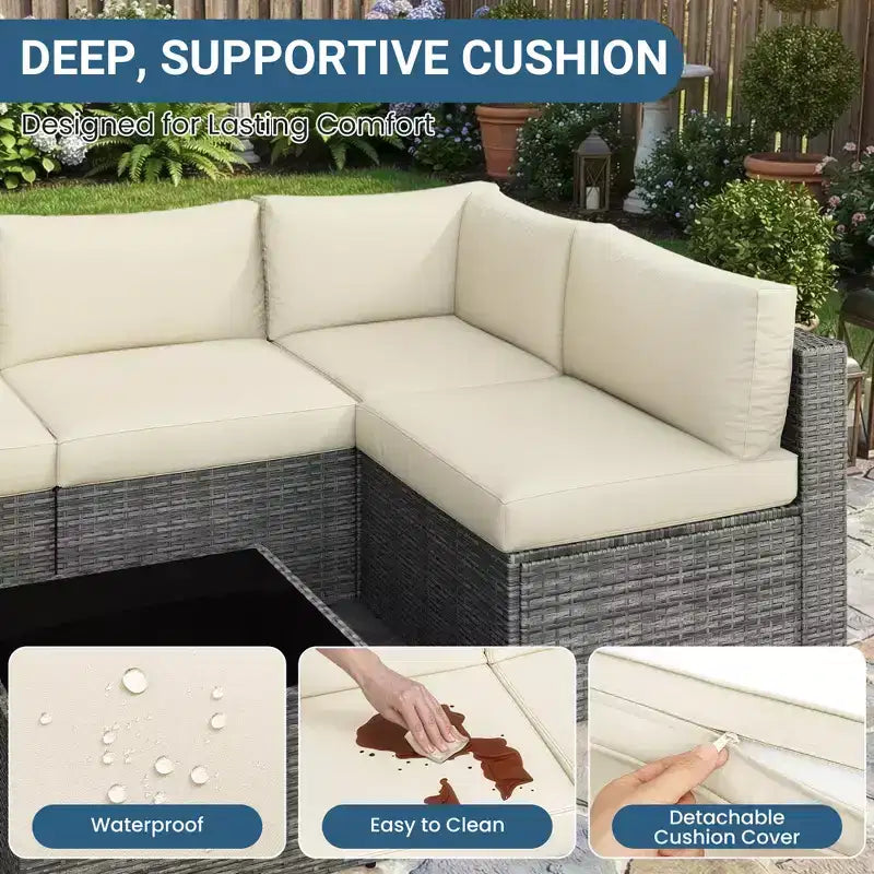 Set di Mobili da Esterno in Rattan a 7 Pezzi, Set Salotto da Esterno in Wicker con Cuscini e Tavolino da Caffè, Divano Sezionale Modulare da Esterno