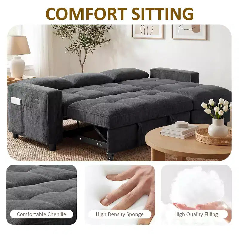 Divano Letto, Divano Estraibile a L da 81 pollici con Chaise Longue Reversibile e Contenitore/Porta USB/Tasca Laterale/Montaggio Senza Attrezzi, Velluto a Coste Beige