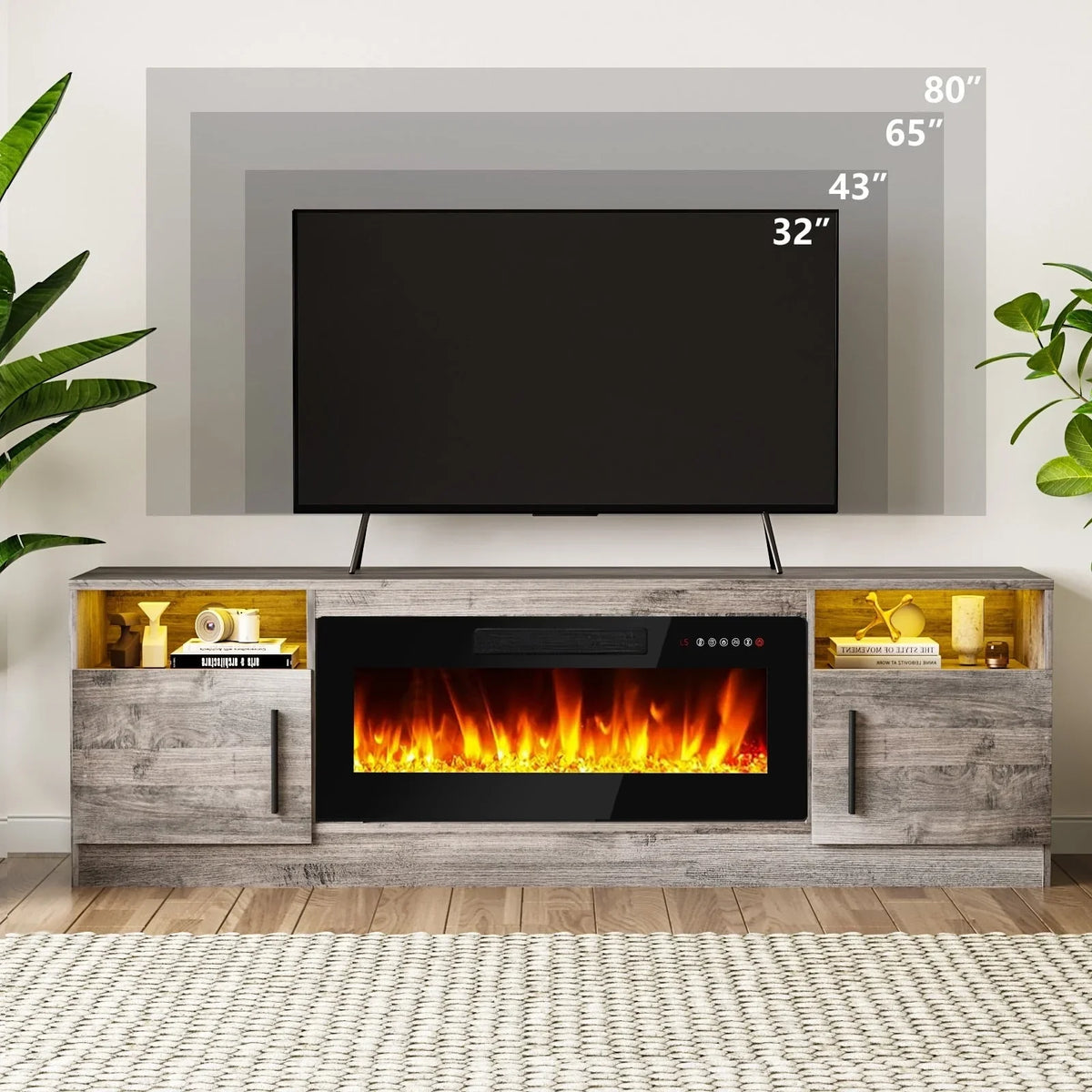 Mobile TV Bossin 70" con caminetto elettrico 36", Mobile TV per televisori fino a 80", 16 colori LED/Centro di intrattenimento