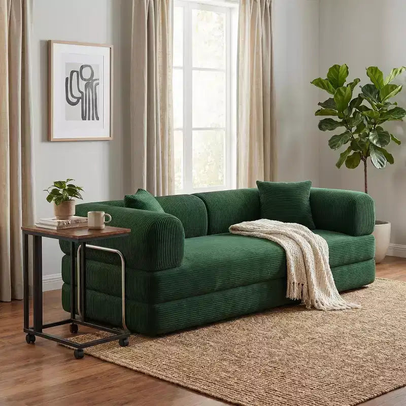 Divano Letto Convertibile FurnitureR con Set Tavolino Laterale su Ruote, Divano Moderno in Velluto a Coste con Tavolino per Snack Movibile per Soggiorno, Appartamento, Spazi Piccoli