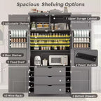 Dispensa Alta da Cucina con Prese di Corrente, Grande Credenza Autoportante con Supporto per Microonde, Cassetti, Scaffali, Portabottiglie e Ante con Ripiani