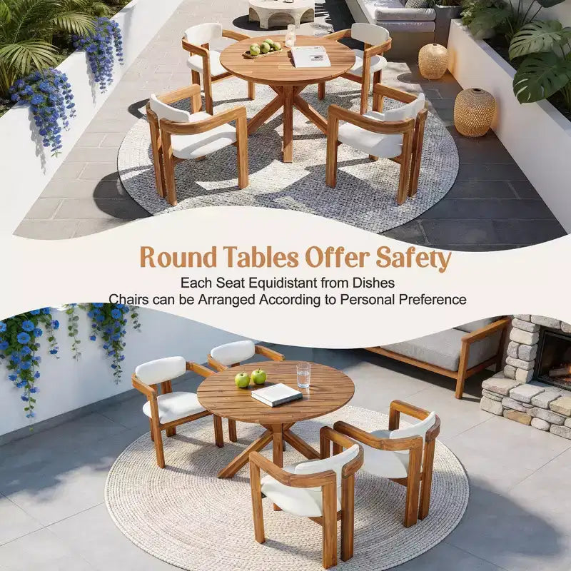 ModernLuxe Set da pranzo rotondo da esterno a 5 pezzi in legno di acacia, tavolo da 47" con 4 sedie a barilotto imbottite per giardino/patio/cortile