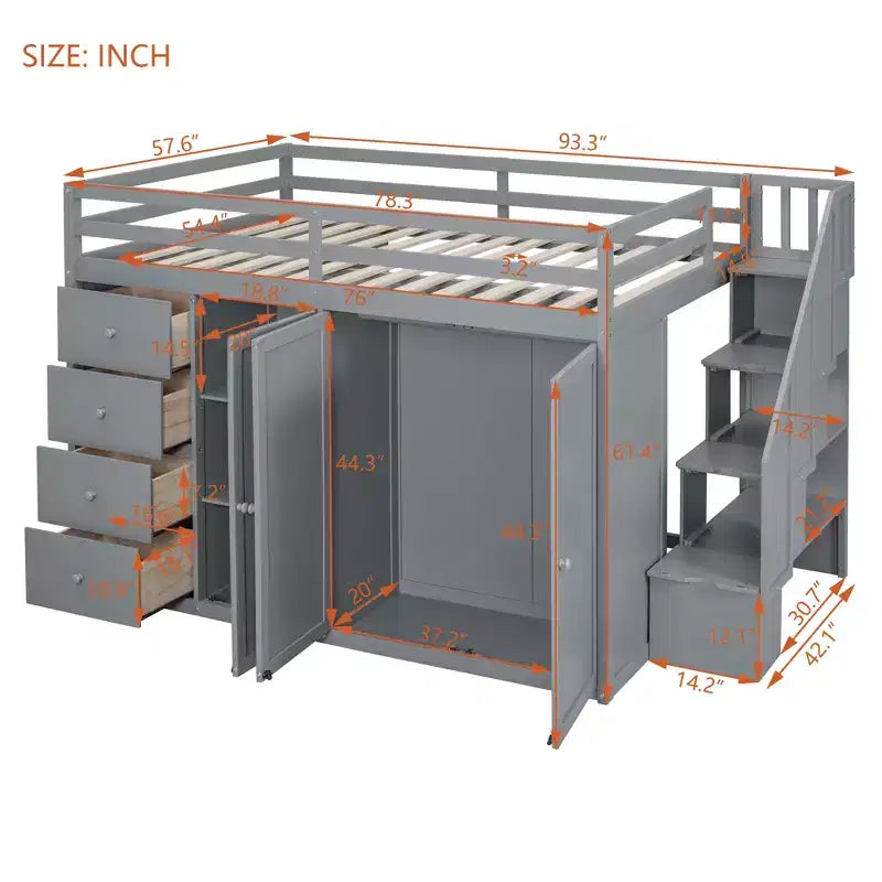 Letto a soppalco intero in pile orsetto con mensola portaoggetti e cassetti, letto a soppalco alto in legno con scrivania versatile per camera da letto