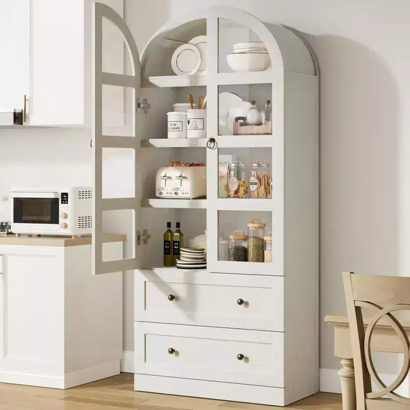 Garde-manger de cuisine, Garde-manger de cuisine haut de 72 po à arche, Armoire en bois polyvalente de style campagnard avec tiroirs, Armoire de style ferme moderne