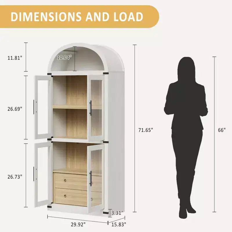 Libreria alta ad arco GustoWave 71.4 con 4 ante e 2 cassetti, armadietto espositivo profondo 15.8 con ripiani, scaffale in legno