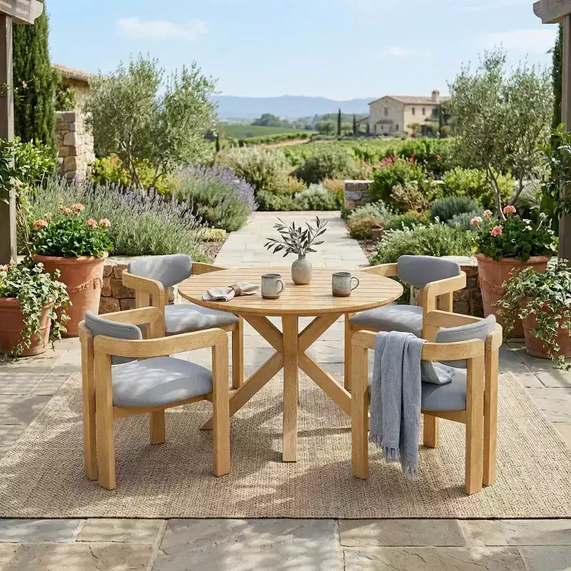 ModernLuxe Set da pranzo rotondo da esterno a 5 pezzi in legno di acacia, tavolo da 47" con 4 sedie a barilotto imbottite per giardino/patio/cortile