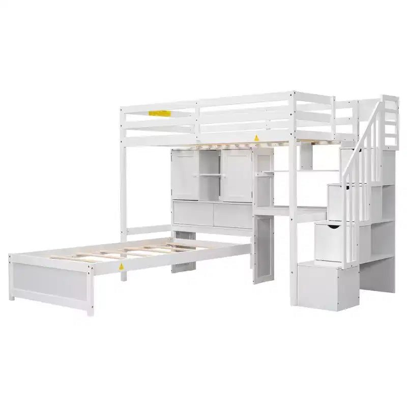 Lit superposé double en bois avec bureau et escalier, lit mezzanine double en L avec rangements et étagères