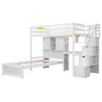 Lit superposé double en bois avec bureau et escalier, lit mezzanine double en L avec rangements et étagères