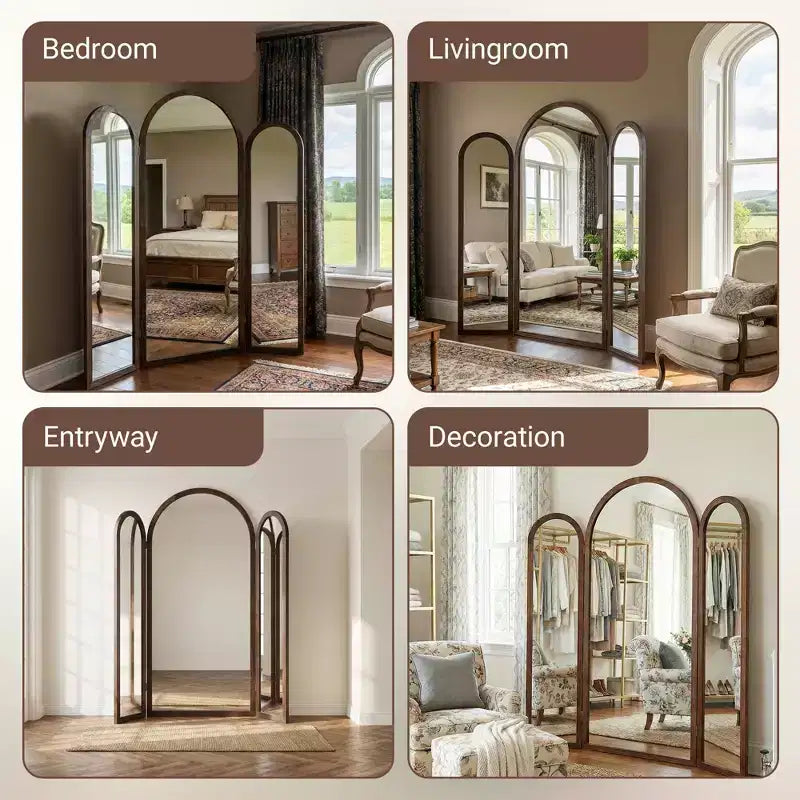 Specchio a tre ante Dovelina 71A*66.5L, specchio a figura intera ad arco reclinabile per soggiorno, sala da pranzo, ingresso, camera da letto, telaio in metallo/legno disponibile