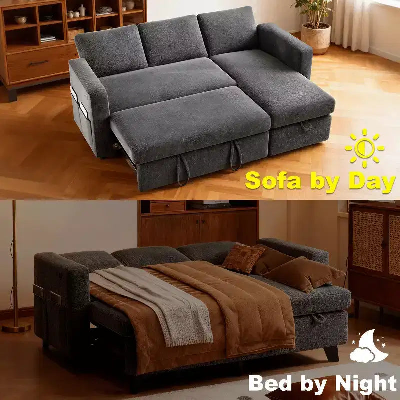Canapé-lit sectionnel Dyonery 81, canapé-lit escamotable en forme de L avec méridienne de rangement réversible, USB, dossier inclinable