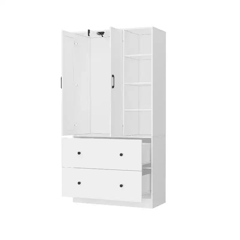 Armoire 2 portes avec miroir, tringle à vêtements et 2 tiroirs
