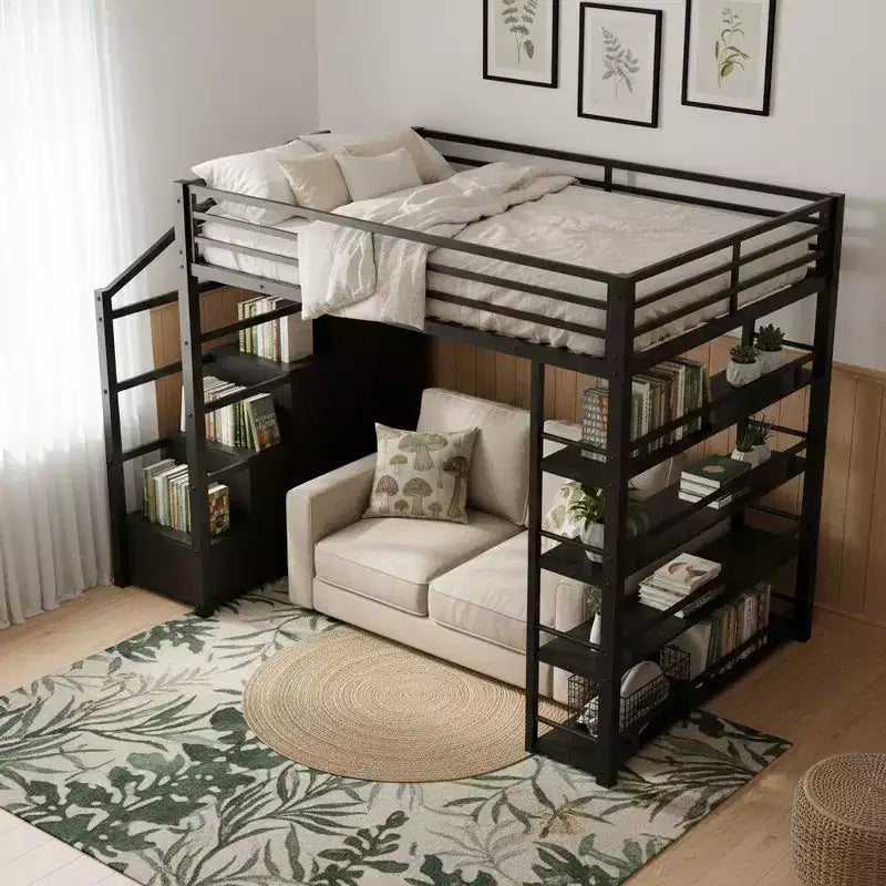 Lit mezzanine Queen Size en métal avec étagères de rangement, armoires et penderie