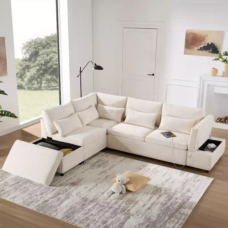 Canapé-lit modulaire sectionnel Whisen 270 - 6 places en forme de L avec pouf de rangement, canapé en chenille, personnalisable pour salon et appartement