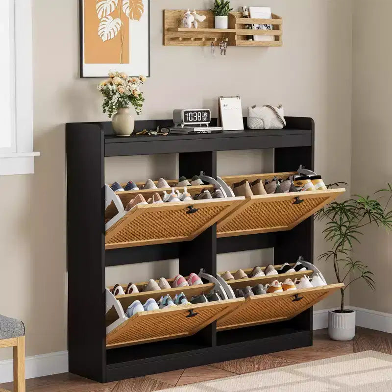 Scarpiera con 4 cassetti a ribalta, scarpiera in legno con ante in rattan e ripiani regolabili - Organizer per scarpe indipendente