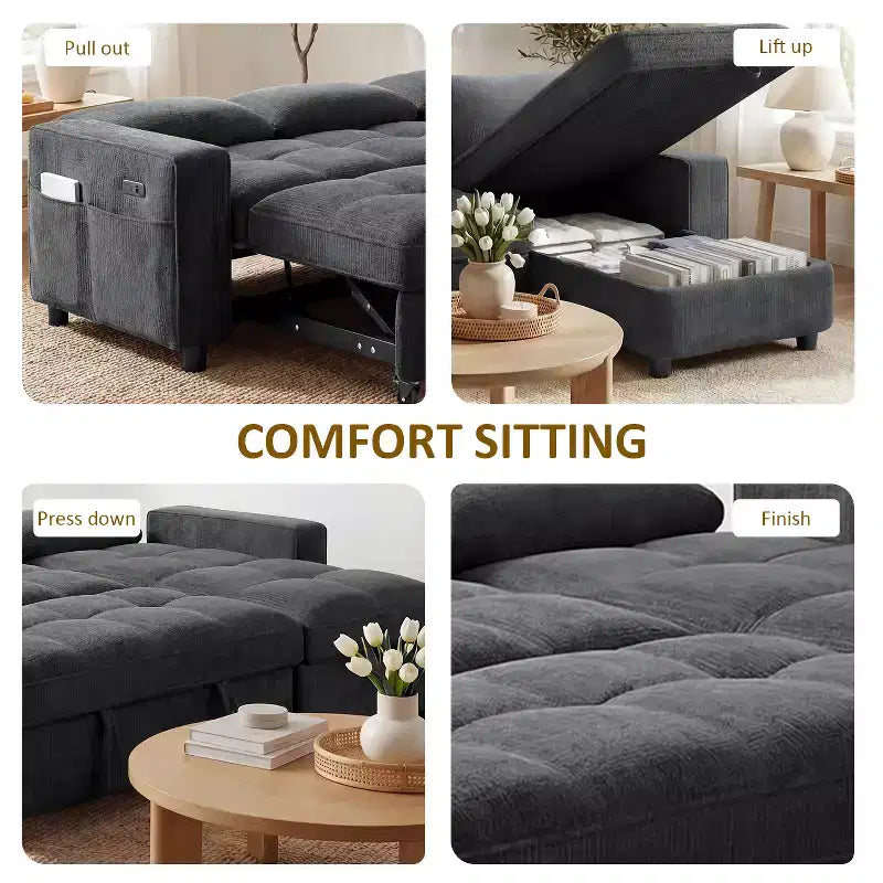 Divano Letto, Divano Estraibile a L da 81 pollici con Chaise Longue Reversibile e Contenitore/Porta USB/Tasca Laterale/Montaggio Senza Attrezzi, Velluto a Coste Beige
