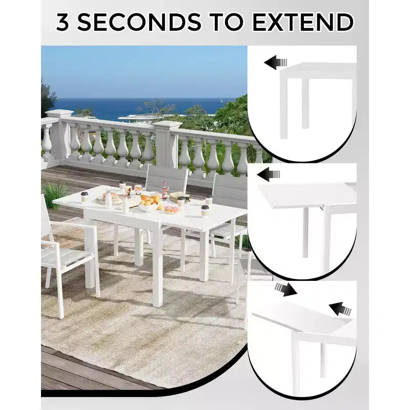 Tavolo da pranzo allungabile per esterni in alluminio effetto legno – Rettangolare, resistente alla ruggine, 6 posti