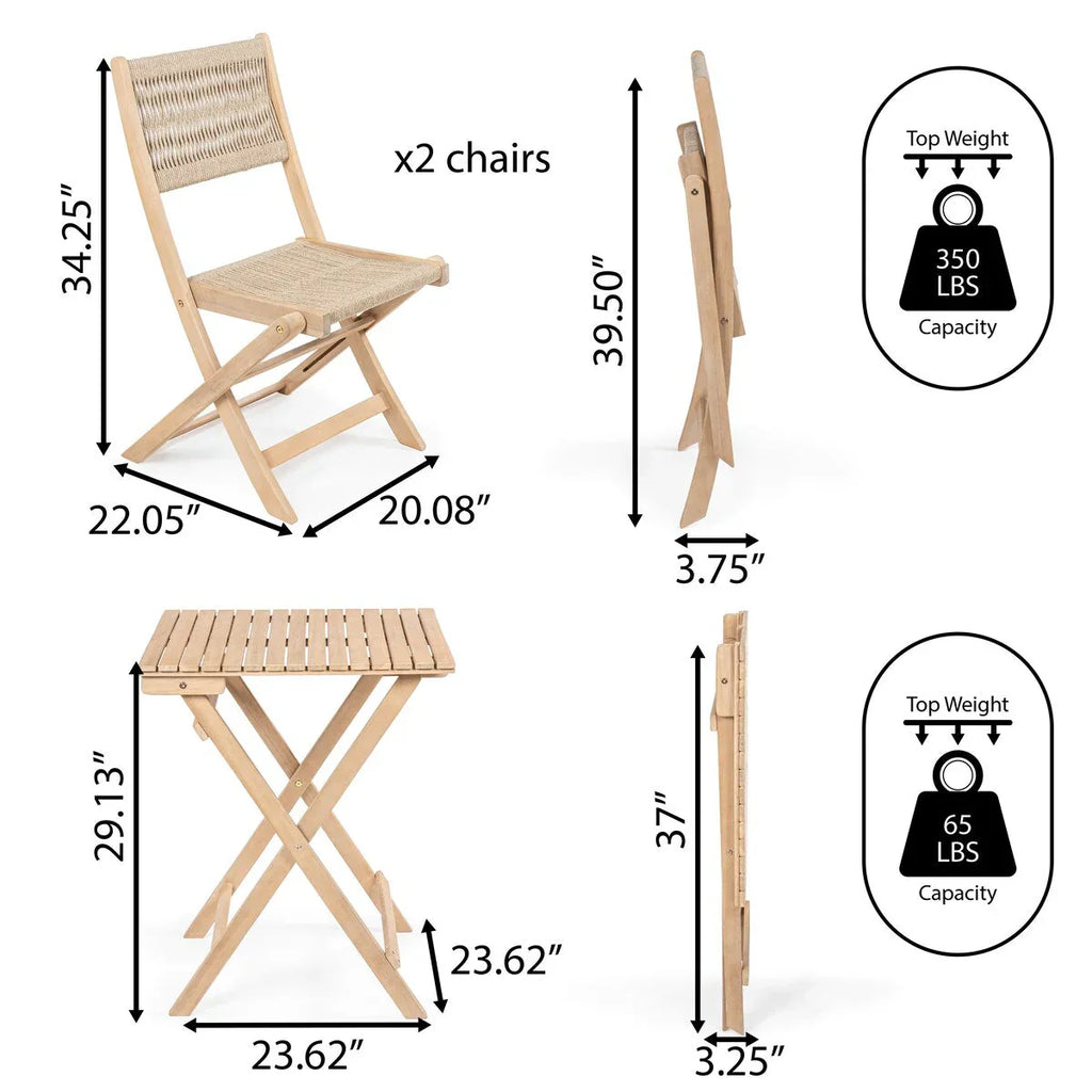 Ensemble bistrot pliant d'extérieur 3 pièces Cadiz Modern Coastal en bois d'acacia, par JONATHAN Y