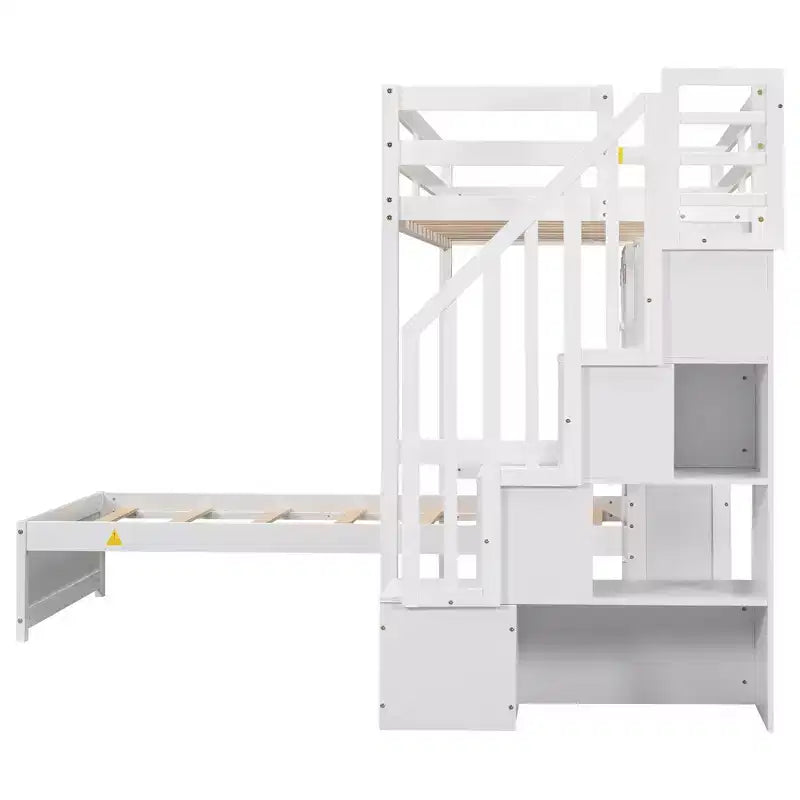 Lit superposé double en bois avec bureau et escalier, lit mezzanine double en L avec rangements et étagères