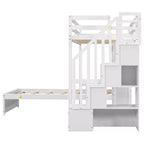 Lit superposé double en bois avec bureau et escalier, lit mezzanine double en L avec rangements et étagères