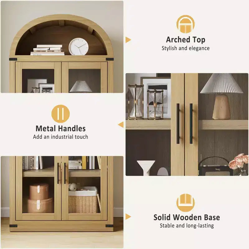 Libreria alta ad arco GustoWave 71.4 con 4 ante e 2 cassetti, armadietto espositivo profondo 15.8 con ripiani, scaffale in legno