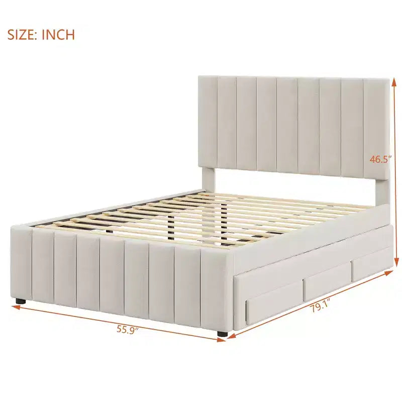 Lit plateforme rembourré pleine grandeur avec lit gigogne double et 3 tiroirs, tissu de lin, beige