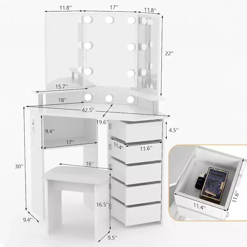 Coiffeuse d'angle avec lumières, table de maquillage avec prise de courant et tiroirs rotatifs pour chambre à coucher