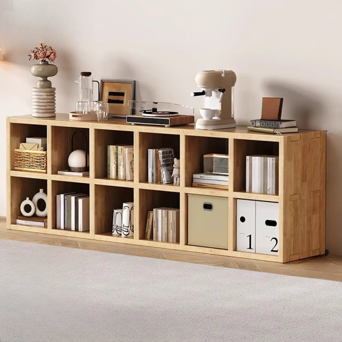 Libreria moderna orizzontale in legno a 8 cubi, finitura naturale