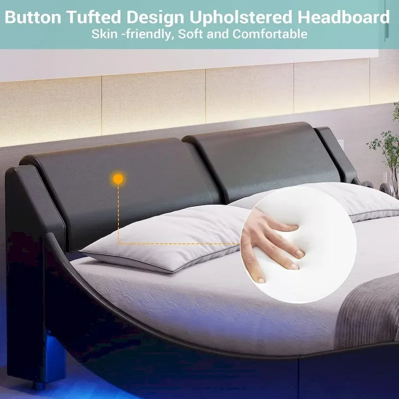 Cadre de lit plateforme moderne rembourré Queen avec lumières LED