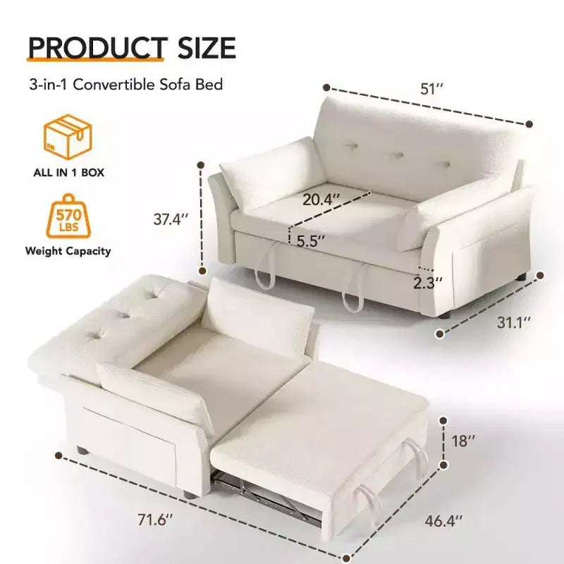 Dyonery 51 Divano Letto 3-in-1, Divanetto Convertibile con Letto Estraibile, Schienale Regolabile, Divano in Lino