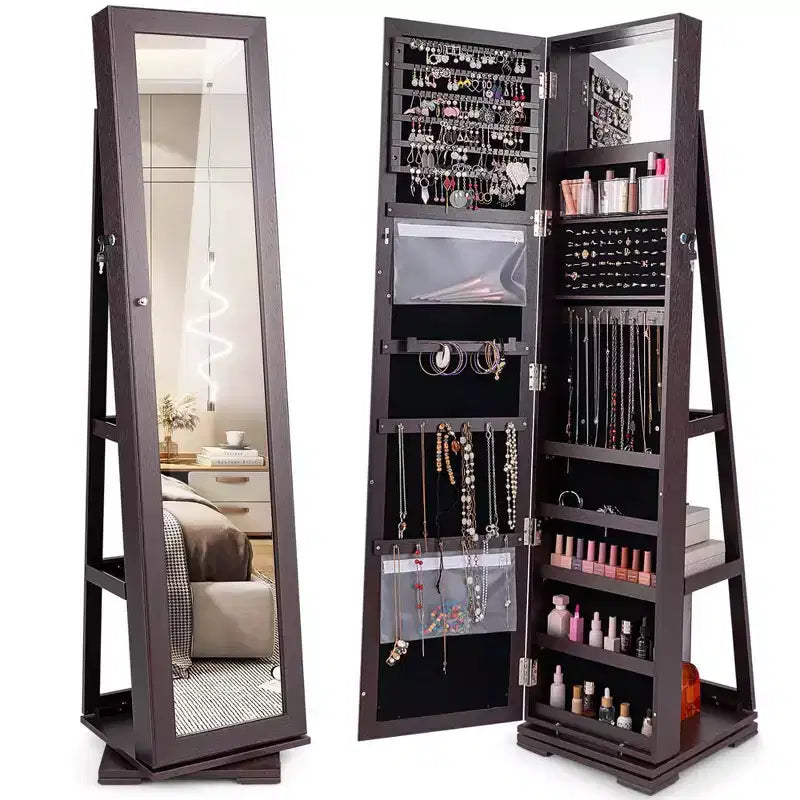 Costway Armoire à bijoux rotative à 360° 2-en-1 Organiseur miroir verrouillable Blanc/Noir/Marron foncé/Gris/Bleu/Rose/Violet/Gris foncé