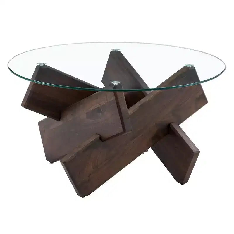 Tavolino da Caffè Rotondo Moderno in Vetro Okak, Tavolino da Tè Piccolo dal Design Distintivo con Gambe in Legno per Soggiorno, Reception, Ufficio, Casali