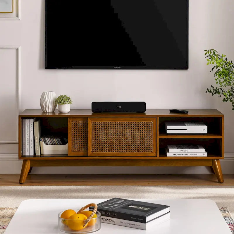 Mobile TV vintage in rattan con 2 armadietti e 4 gambe in legno per soggiorno, camera da letto e ufficio
