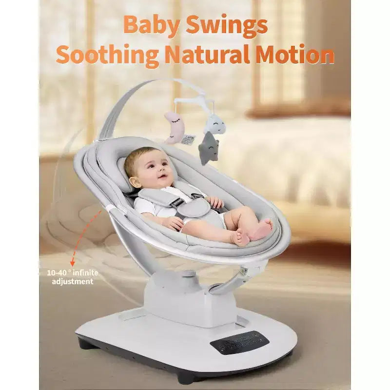 Altalena Elettrica per Neonati, Altalena per Bambini con 5 Modalità di Movimento, Telecomando, Seduta Reclinabile con Imbracatura a 5 Punti, 5 Brani Musicali Preimpostati, Cachi