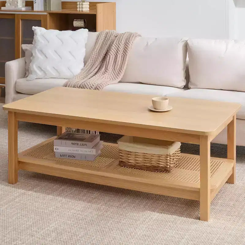 Bekrvio 47.2'' Table Basse Bohème Mid-Century, Table Centrale Rectangulaire Rustique à 2 Niveaux en Bois avec Pieds en Bois et Étagère en Rotin, pour Salon