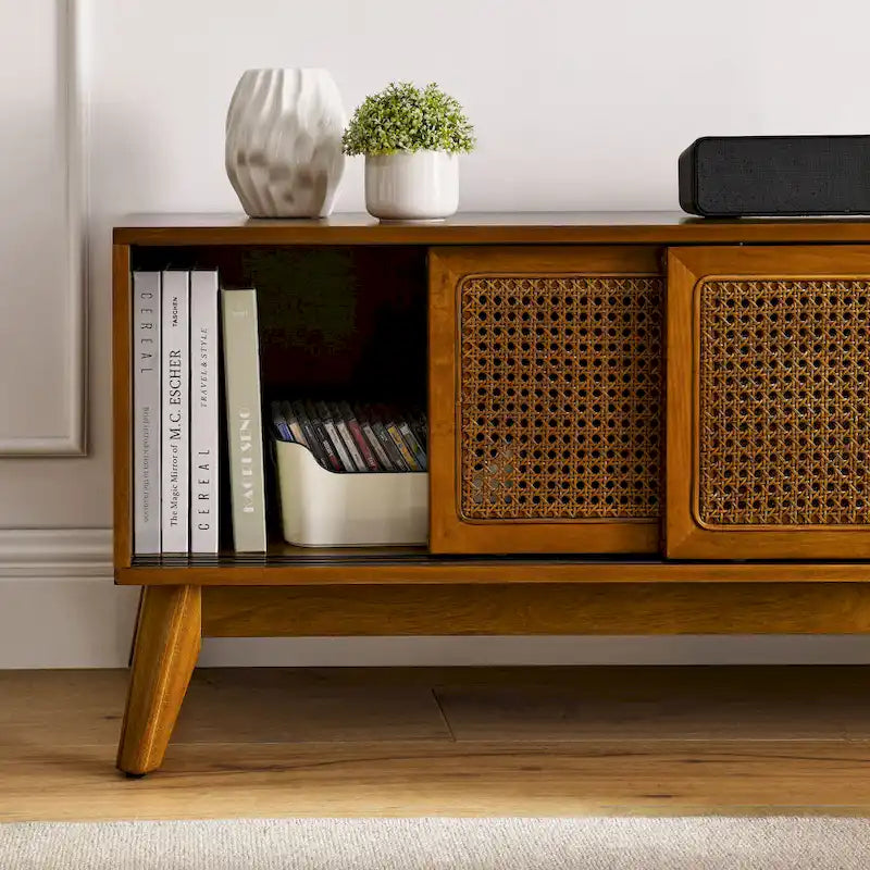 Mobile TV vintage in rattan con 2 armadietti e 4 gambe in legno per soggiorno, camera da letto e ufficio