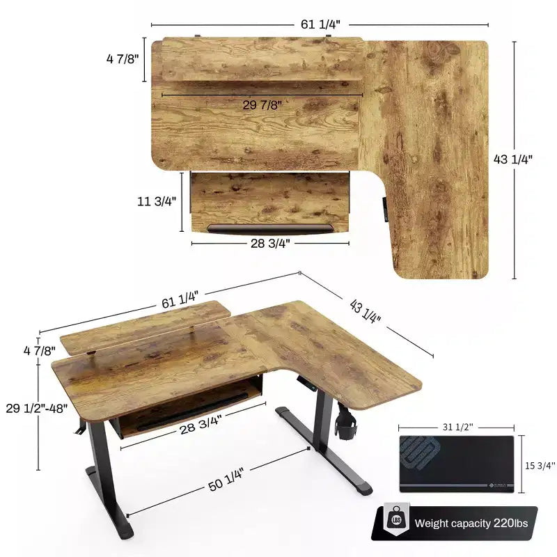 Bureau assis-debout en forme de L EUREKA ERGONOMIC 60x23 avec accessoires