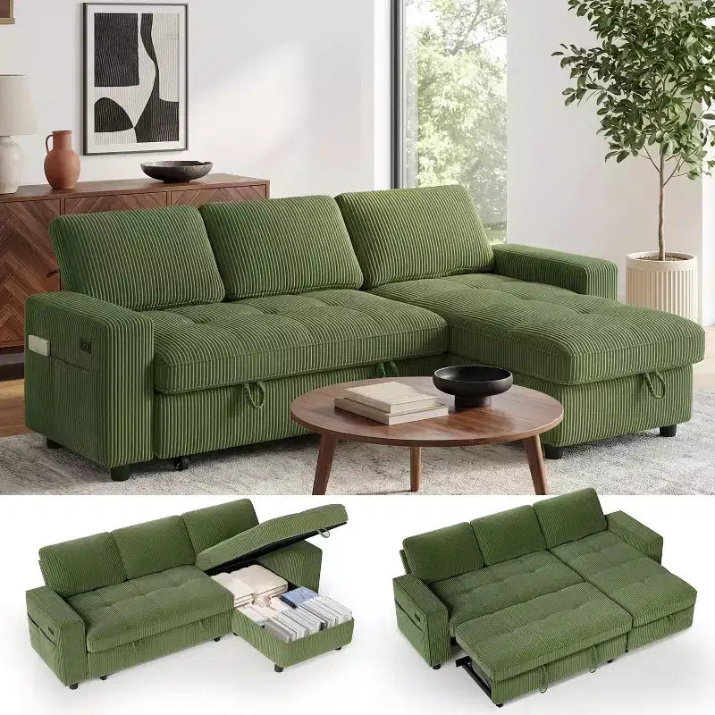 Canapé-lit convertible, canapé-lit en forme de L de 81 po avec méridienne de rangement réversible/port USB/poche latérale/assemblage sans outils, velours côtelé beige
