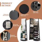 Costway Armoire à bijoux rotative à 360° avec miroir, 3 modes de couleur LED, verrouillable, noir