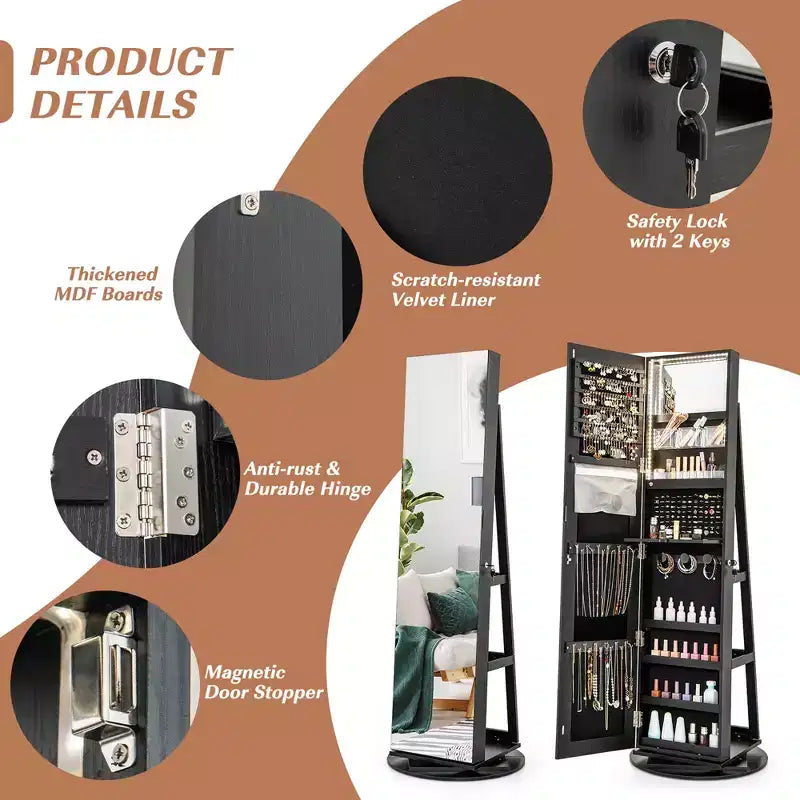 Costway Armoire à bijoux rotative à 360° avec miroir, 3 modes de couleur LED, verrouillable, noir