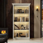 Famapy Libreria Rovere Grigio con Vetro e Striscia Luminosa a LED, Scaffale Alto con Ante, Vetrina per Collezione