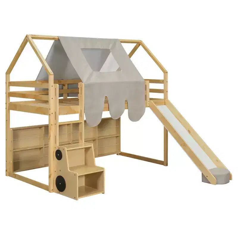 Letto a soppalco basso per bambini con scivolo e ripiani, struttura in legno a forma di casetta con tenda e scale